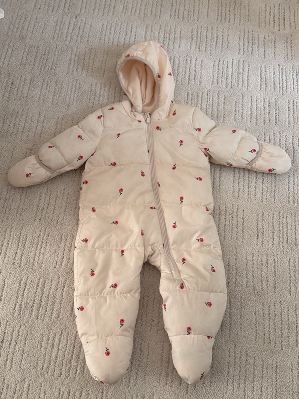 Cream Floral Baby Snowsuit One-Piece with Hood - 6-12 months